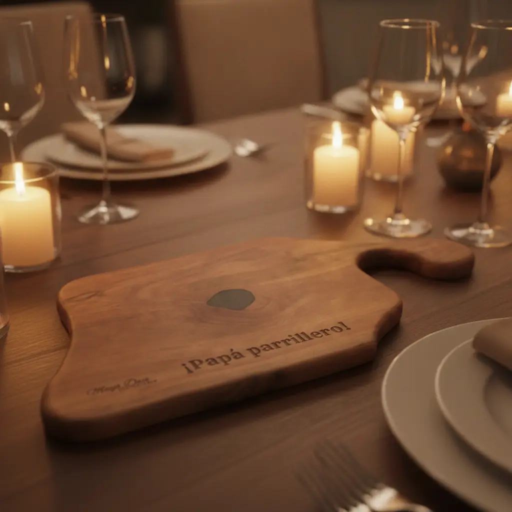 Tabla de madera con un mensaje grabado, en una mesa servida